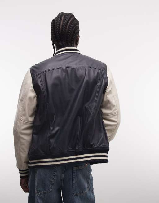 Schott leather varsity jacket in navy and off white | ASOS
