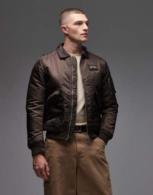 Schott Schott logo patch detail zip pocket detail cropped padded jacket in dark brown