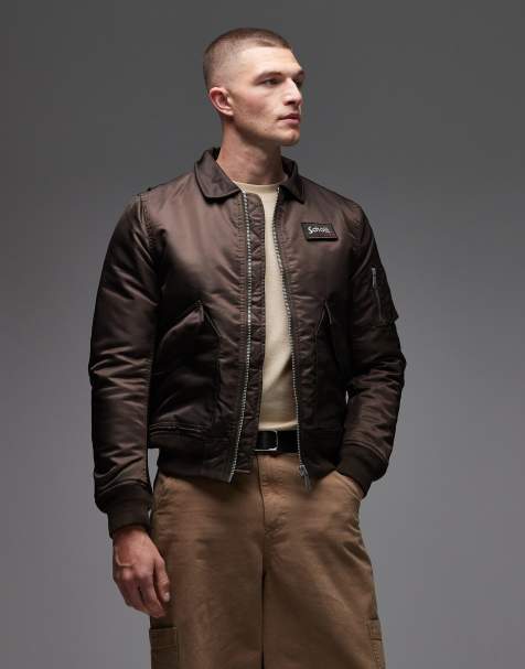 Schott logo patch detail zip pocket detail cropped padded jacket in dark brown - view 1
