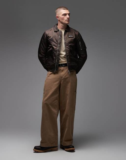 Schott logo patch detail zip pocket detail cropped padded jacket in dark brown