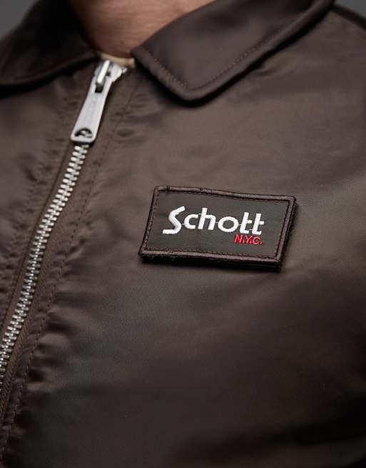 Schott logo patch detail zip pocket detail cropped padded jacket in dark brown
