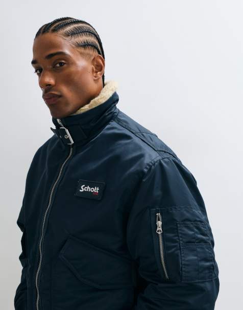 Schott logo patch padded buckle collar detail bomber jacket in navy - view 1