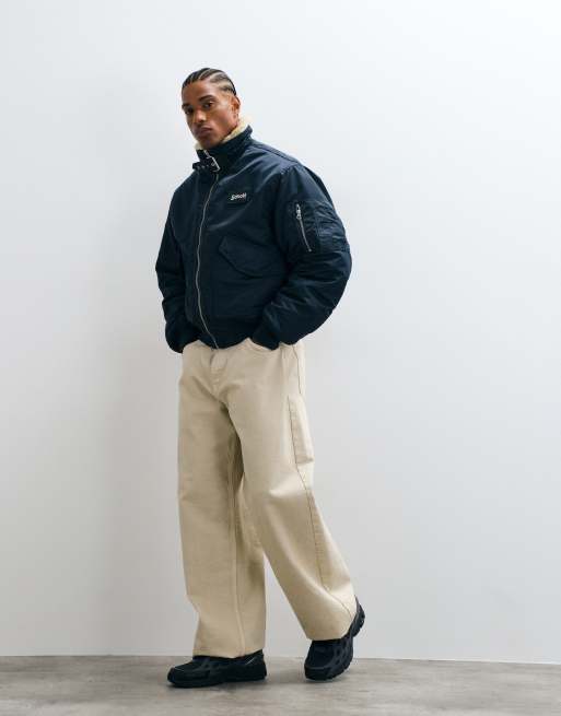 Schott logo patch padded buckle collar detail bomber jacket in navy, 2 of 5