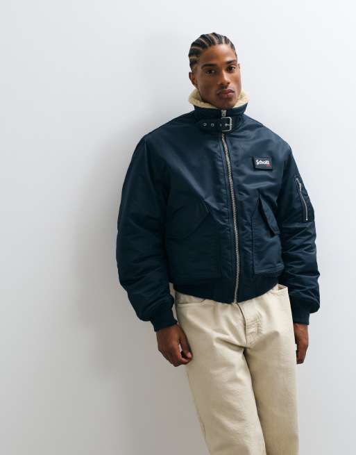 Schott logo patch padded buckle collar detail bomber jacket in navy, 5 of 5