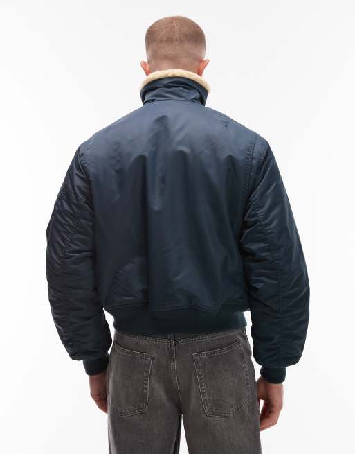 Schott logo patch zip pocket detail cropped padded buckle jacket with faux fur collar in navy, 3 of 5