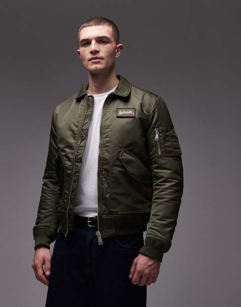 Schott logo patch zip pocket detail cropped padded jacket in khaki - view 1