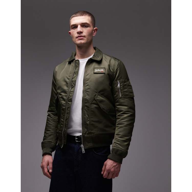 Schott logo patch zip pocket detail cropped padded jacket in khaki