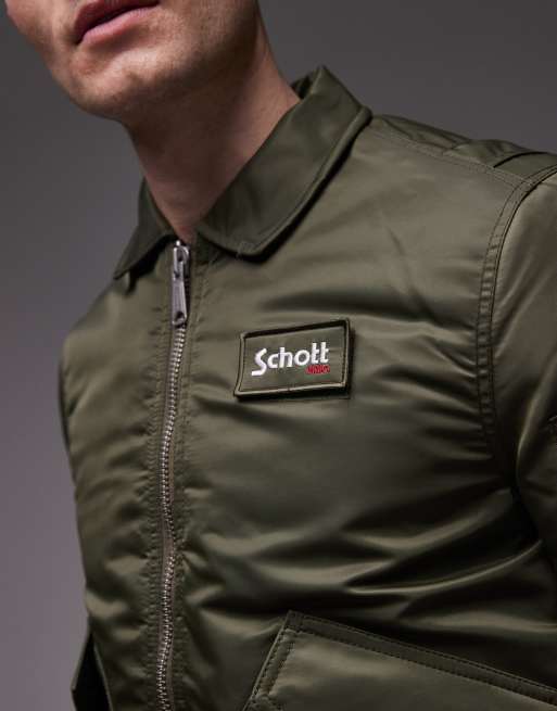 Schott logo patch zip pocket detail cropped padded jacket in khaki