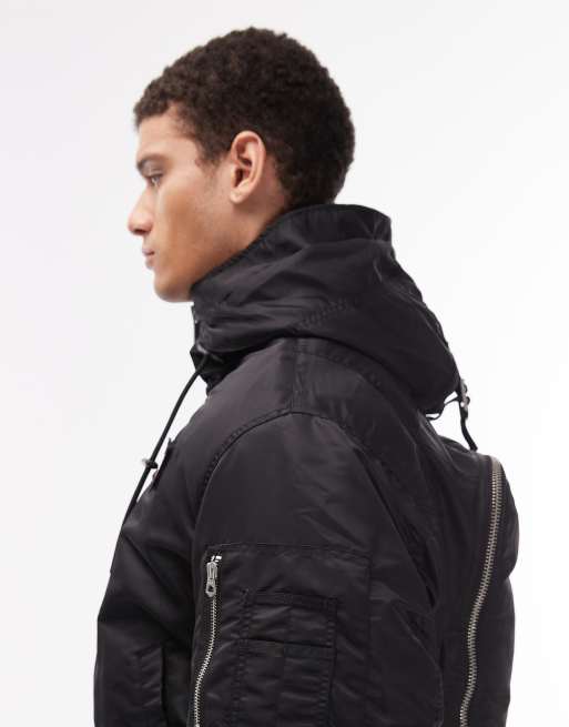 Schott logo patch zip pocket detail cropped padded jacket with