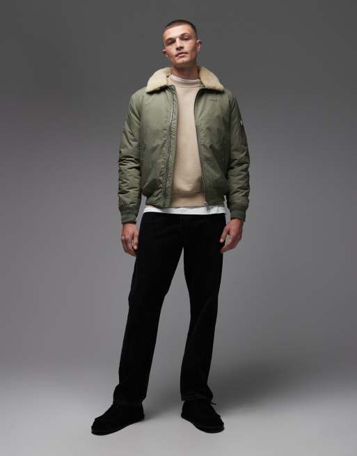 Schott logo patch zip pocket detail cropped padded jacket with faux fur collar in sage/beige