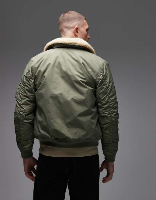 Schott logo patch zip pocket detail cropped padded jacket with faux fur collar in sage/beige, 3 of 5
