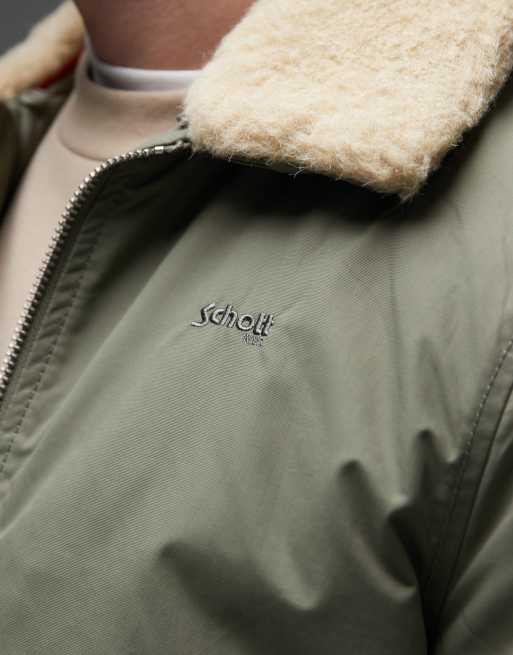 Schott logo patch zip pocket detail cropped padded jacket with faux fur collar in sage/beige