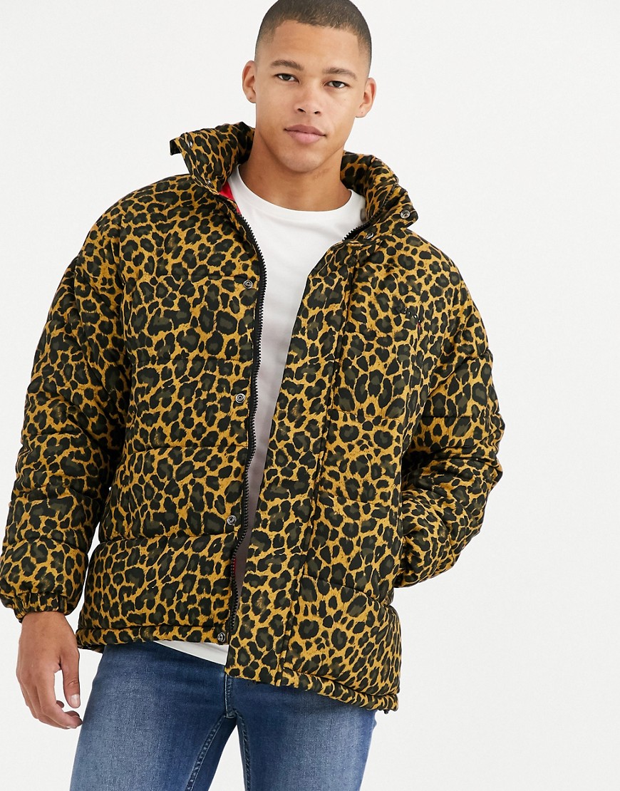 Schott Nebraska leopard print puffer jacket slim fit with concealed hood in gold