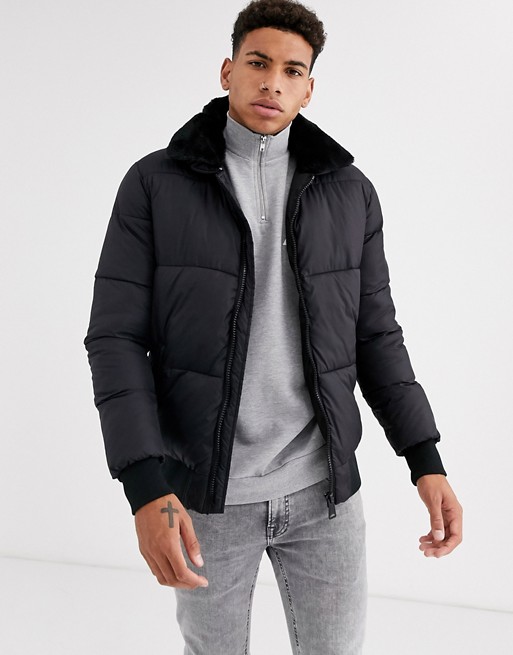 Schott padded bomber jacket with faux fur collar