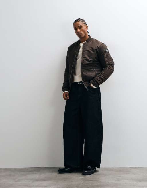 Schott padded nylon bomber jacket in dark brown, 3 of 5