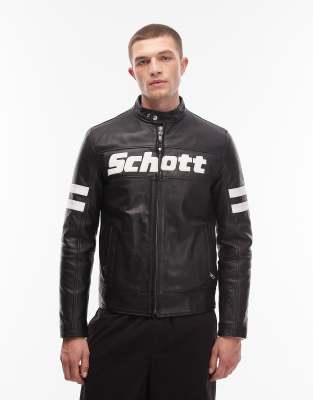 Schott Premium Logo Deatil Motocross Real Leather Zip Through Jacket In Black