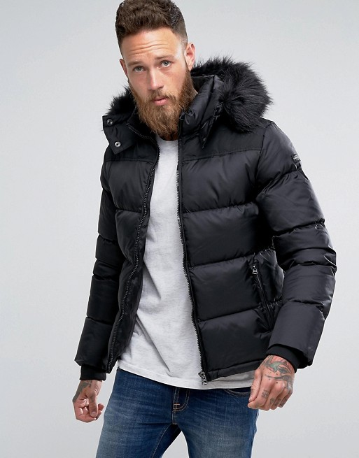 Schott | Schott Puffer Jacket Detachable Hood Faux Fur Trim Slim Fit in ...
