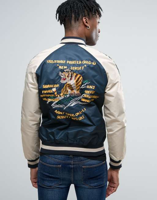 Schott Suka Souvenir Bomber Jacket Back Embroidery in Navy/Off White