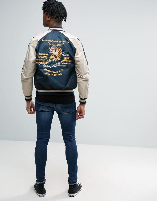 Schott Suka Souvenir Bomber Jacket Back Embroidery in Navy/Off White