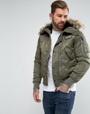 green bomber jacket with fur hood