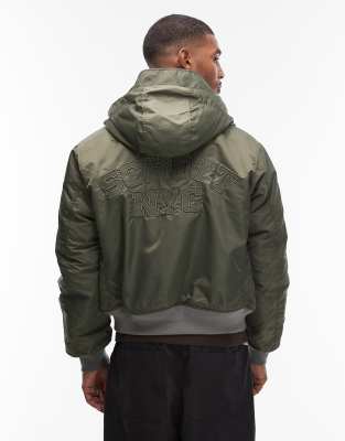 Schott Tonal Logo Hooded Cropped Padded Jacket In Blue