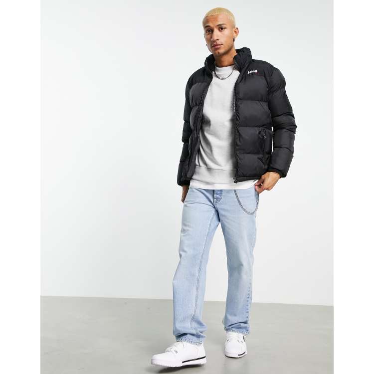 Schott Utah embroid logo concealed hood puffer jacket in black ASOS
