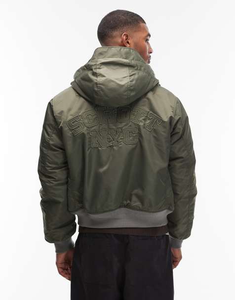 Schott - Veste courte matelassée à capuche avec logo ton sur ton - Vert américain - view 1