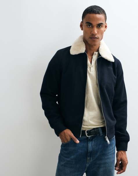 Schott veste Harrington en mélange de laine bleu marine avec patch logo et détail col faux-fur - view 1