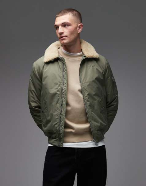 Schott - Veste matelassée courte zippée avec col en fausse fourrure et écusson à logo - Sauge et beige - view 1