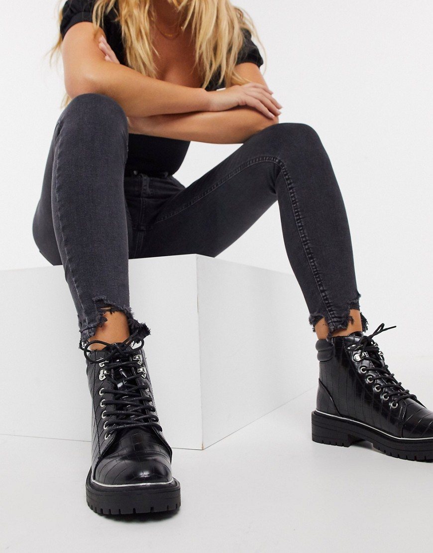 schuh Abigail lace up ankle boot in black croc