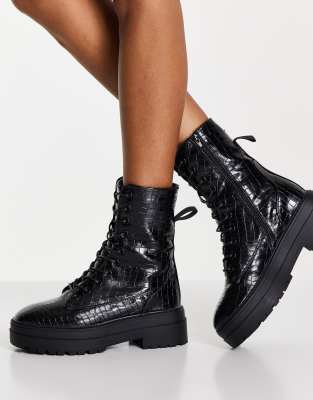 schuh Aileen lace up boot in black croc - ASOS Price Checker