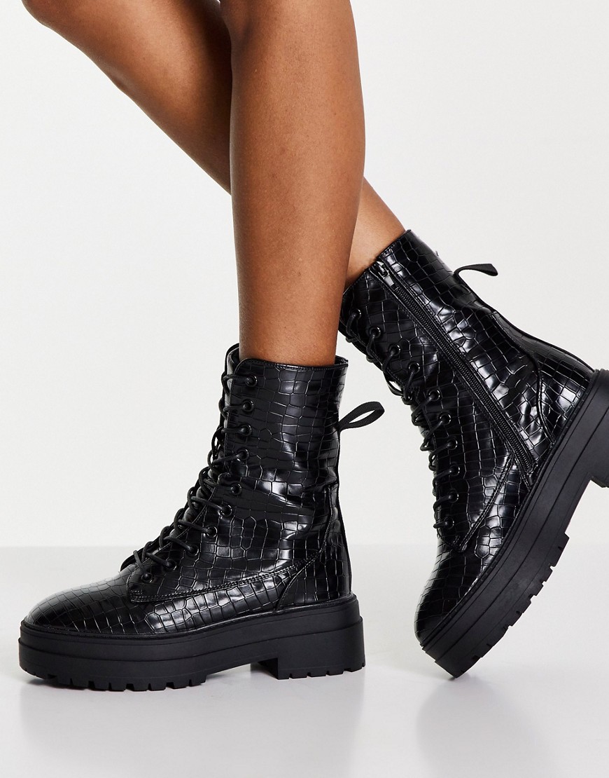 Schuh Aileen lace up boot in black croc
