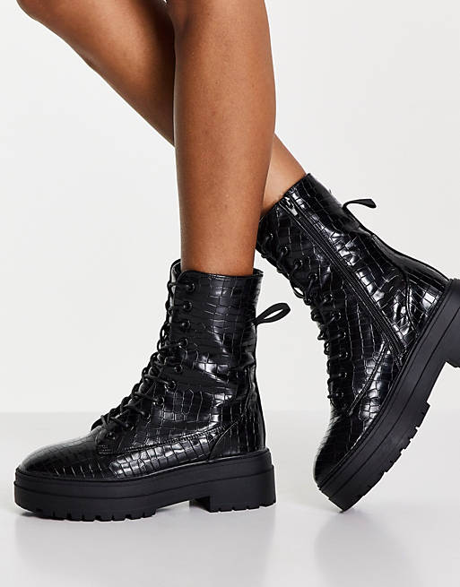 schuh Aileen lace up boot in black croc