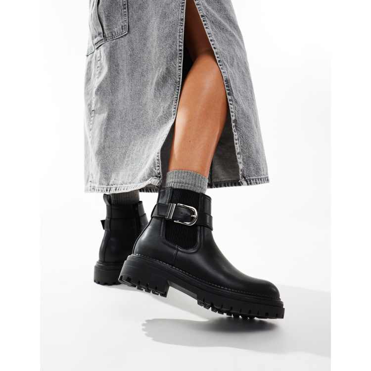 Fashion black ankle boots with silver buckles