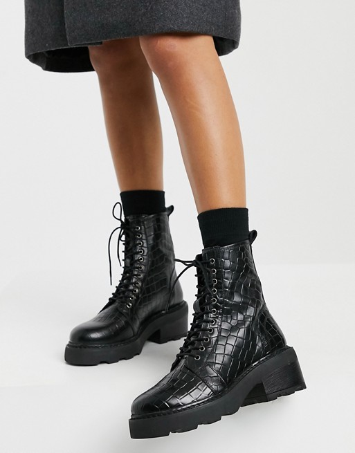 schuh Arvid lace up mid heeled ankle boot in black croc leather | ASOS
