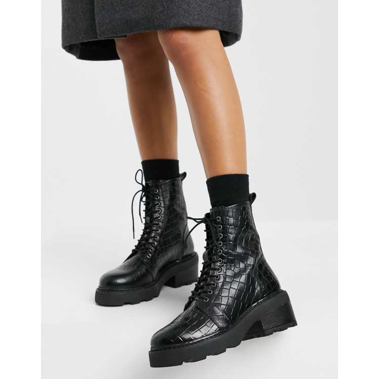 Black croc lace up ankle online boots