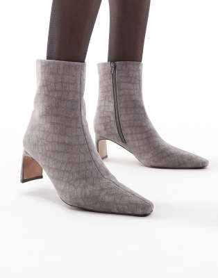 schuh - Bethal - Stiefel in Kroko-Grau mit spitzer Zehenpartie und Pfennigabsatz