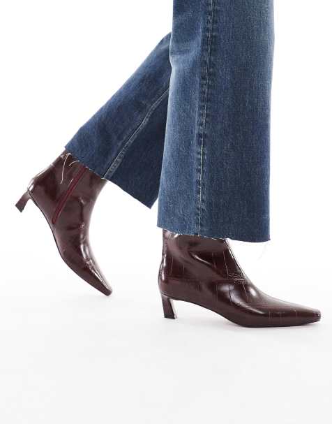 schuh Bexley pointed toe kitten heel ankle boots in burgundy croc - view 1