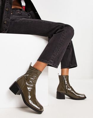 Schuh Blake Heeled Sock Boots In Patent Olive Oil-yellow