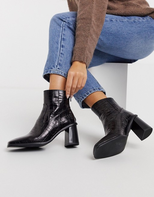 schuh Bobby heeled ankle boot in black croc leather