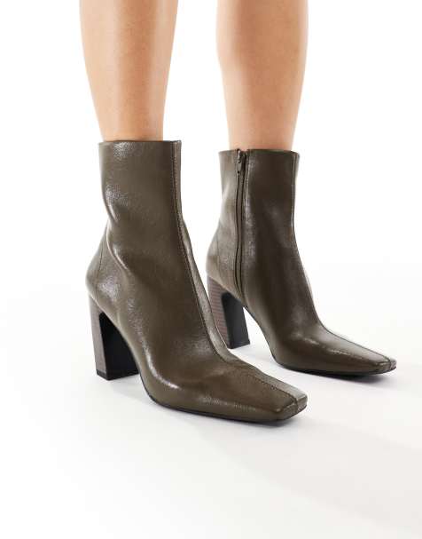 schuh Bryson curved heel mid ankle boots in olive - view 1