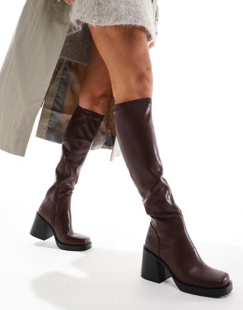 schuh Danielle block heel knee boots in wine - view 1