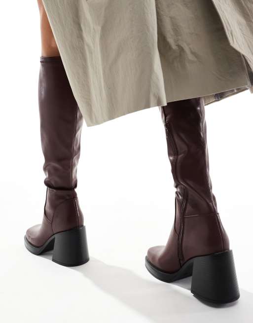 schuh Danielle block heel knee boots in wine, 3 of 4