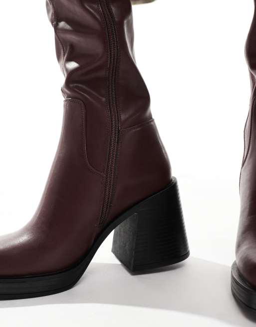 schuh Danielle block heeled knee boots in wine ASOS