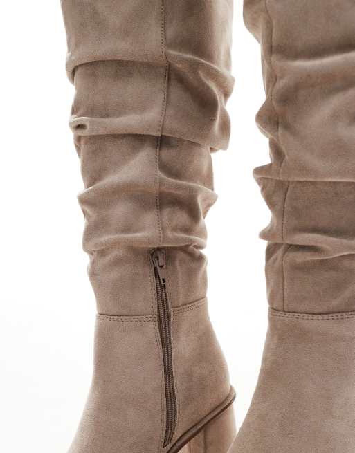 Knee High Boots Taupe Suede Slouch Boots Schuh Daria Ruched Block