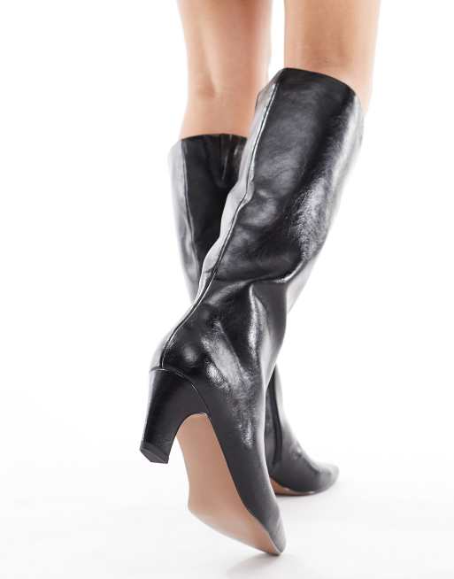 schuh Delia kitten heel knee boots in black crackle, 2 of 4