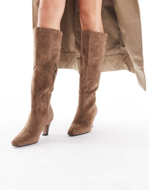 schuh Delia kitten heel knee boots in moccha suedette - view 1