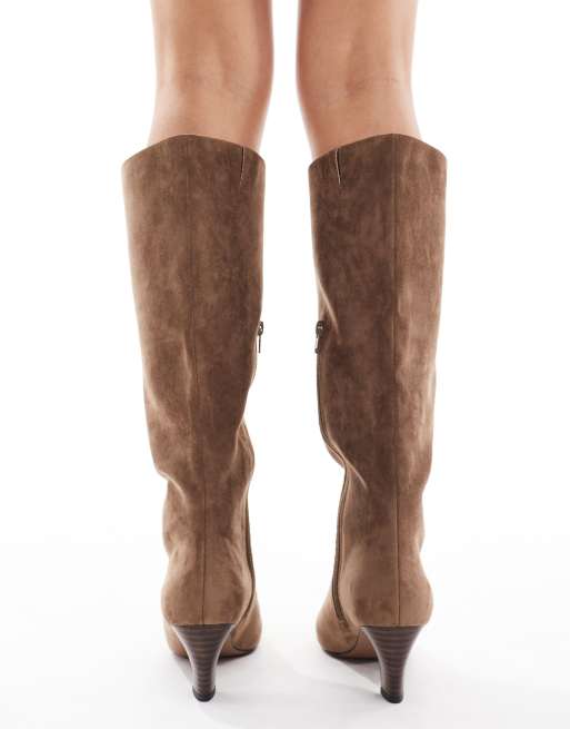 schuh Delia kitten heel knee boots in moccha suedette
