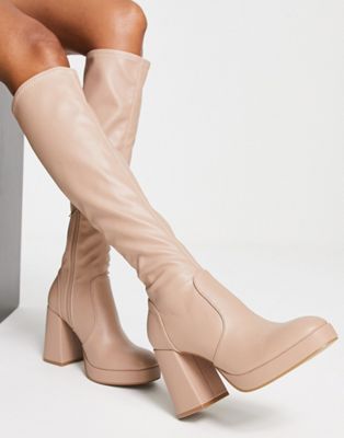 Schuh Della second skin heeled knee boots in stone  - ASOS Price Checker