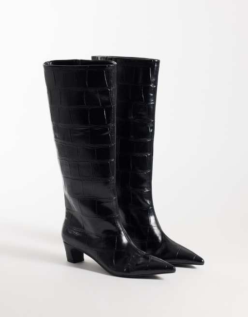 Schuh Dollie bottes hauteur genou à bout pointu effet croco noires, 2 de 4